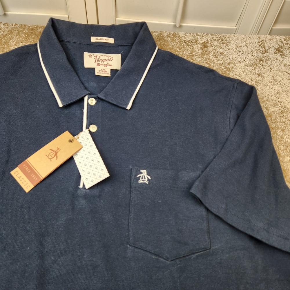 Original Penguin Mens XXL Navy Blue Classic Fit Tipped Pique Polo Shirt NWT